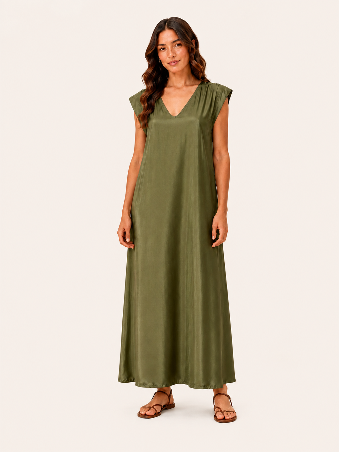 Women's Relaxed Fit Olive Green V-Neck Maxi Dress With Cap Sleeves