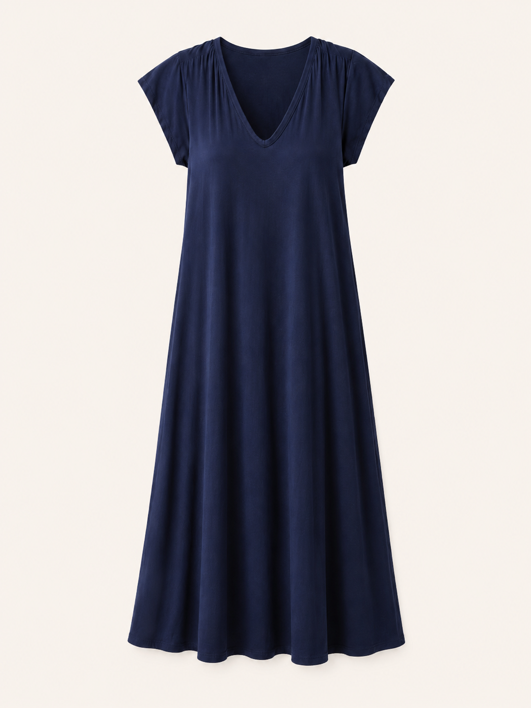 Women's Relaxed Fit Navy Blue V-Neck Maxi Dress With Cap Sleeves