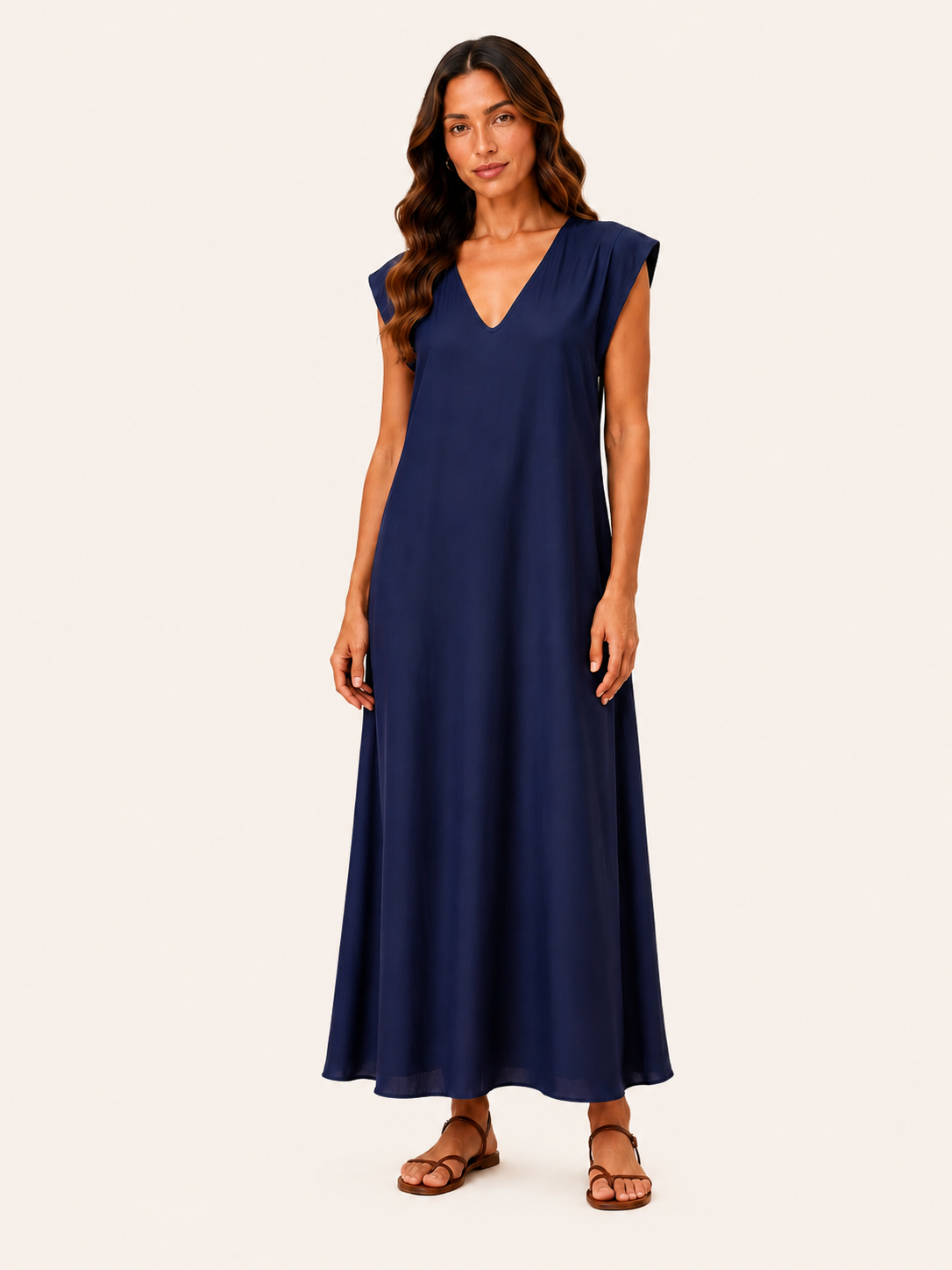 Women's Relaxed Fit Navy Blue V-Neck Maxi Dress With Cap Sleeves