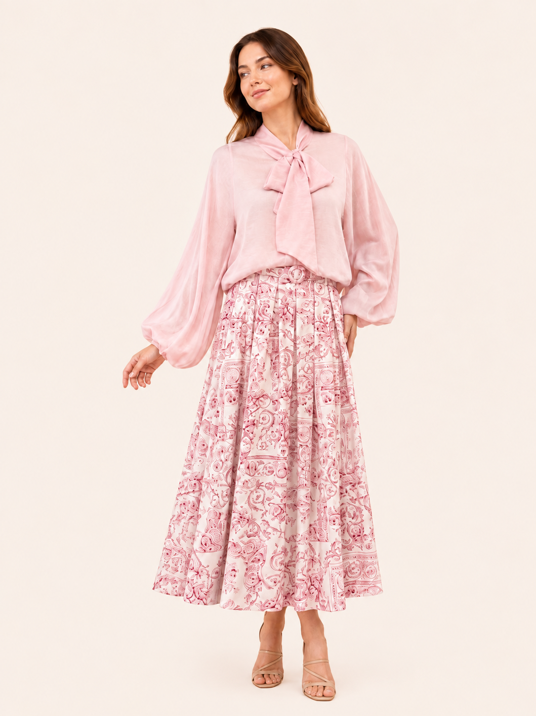 Chemisier rose poudré à col lavallière - Élégante blouse à manches longues avec nœud