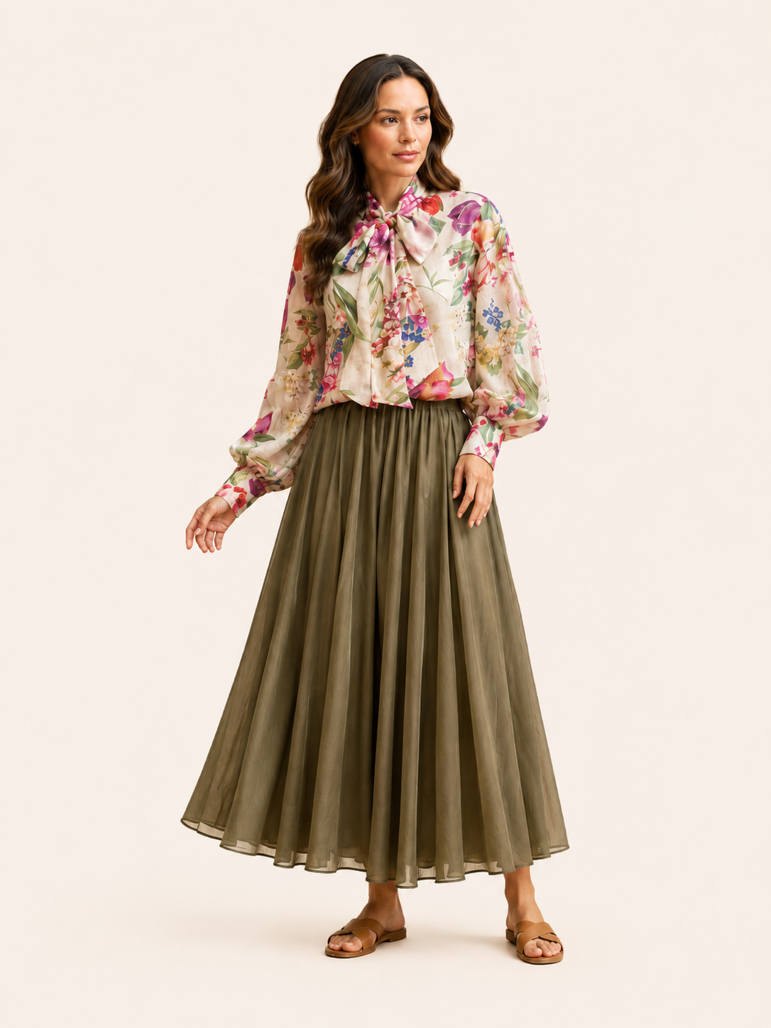 Chemisier fleuri à lavallière - Chemise élégante à manches longues pour femme
