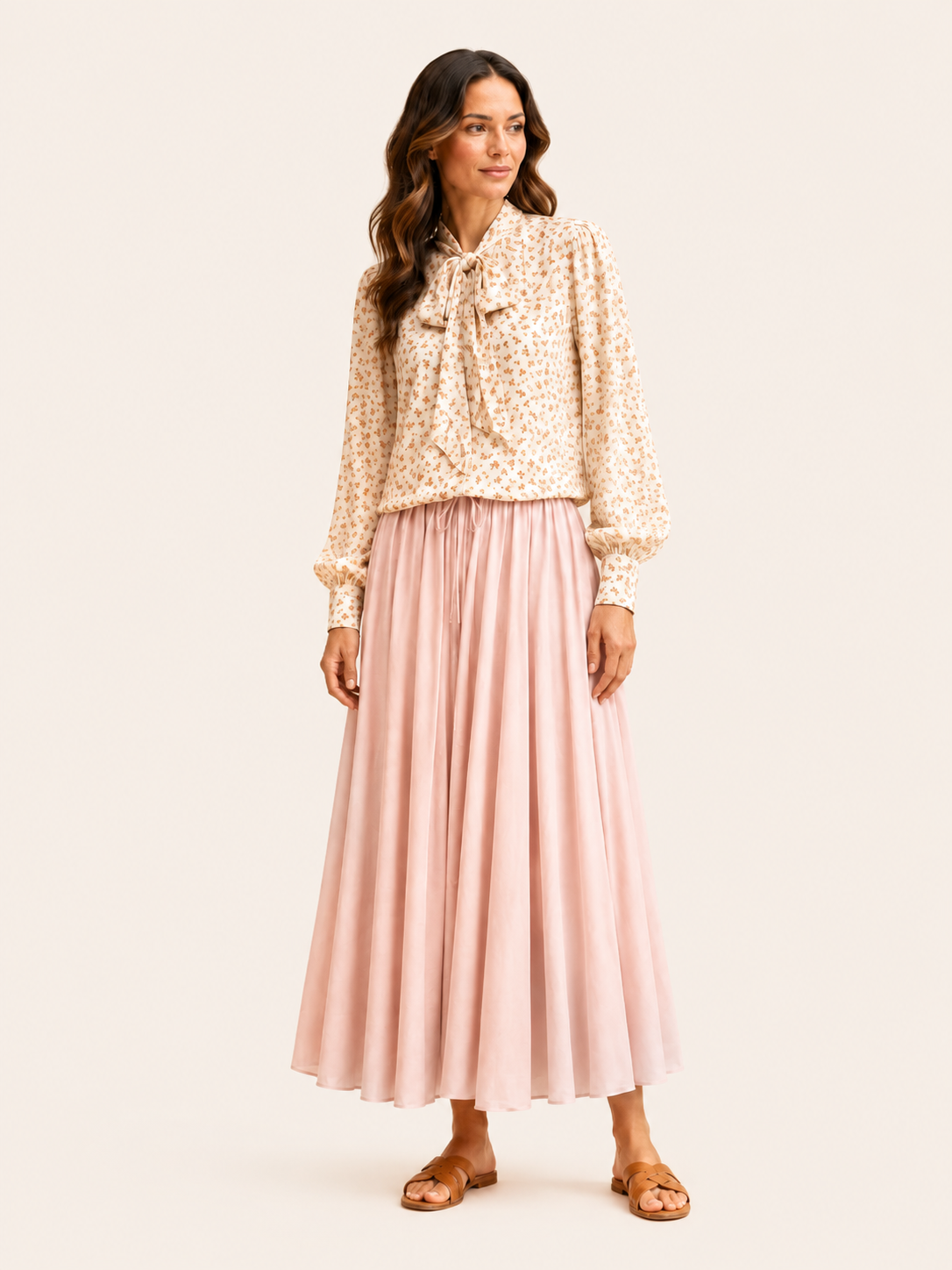 Jupe longue rose blush élégante - Jupe trapèze fluide pour femme avec taille élastique et cordon de serrage