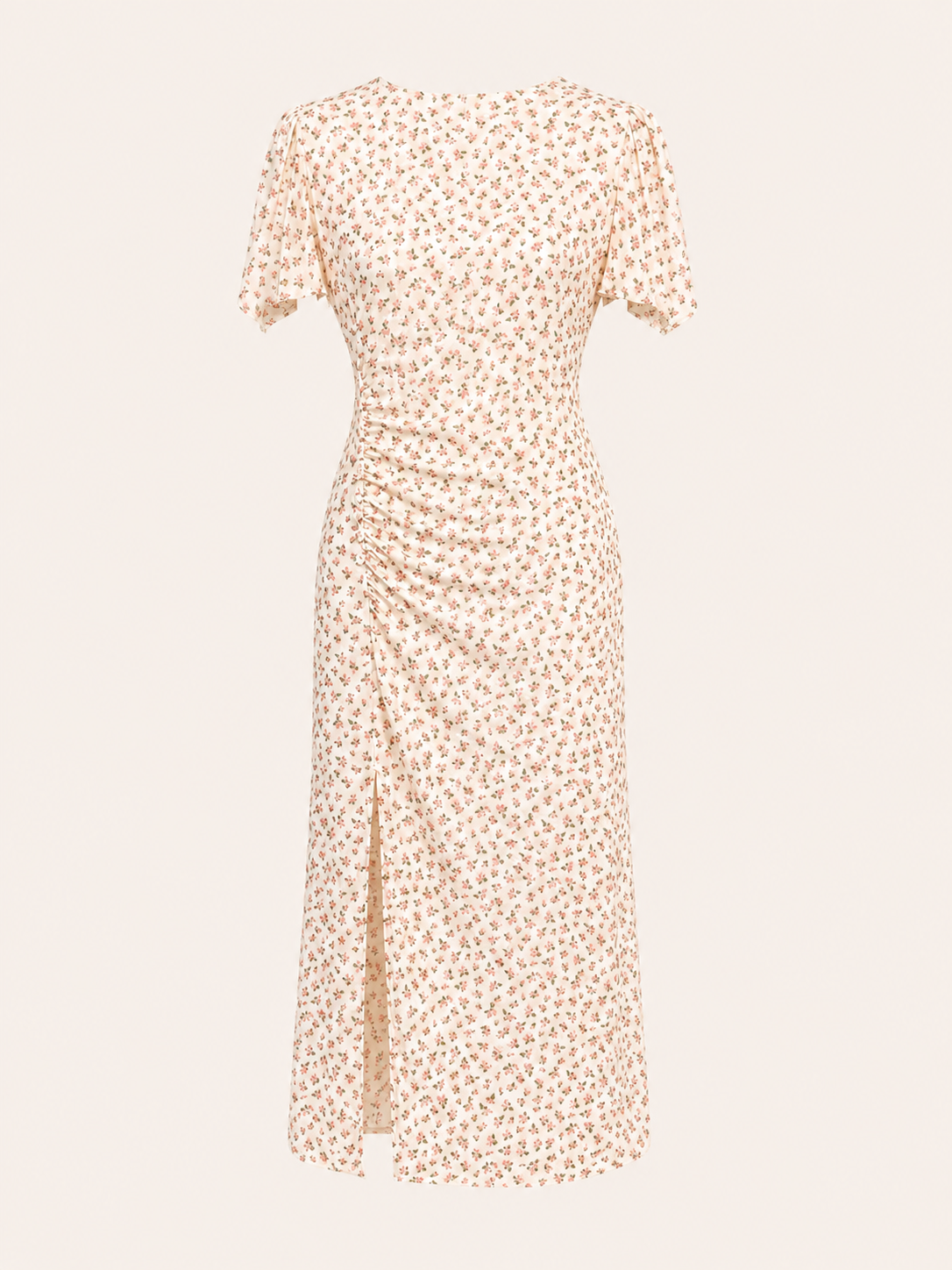 Robe longue froncée à imprimé floral romantique - Robe midi élégante crème avec fente latérale et manches fluides pour femme