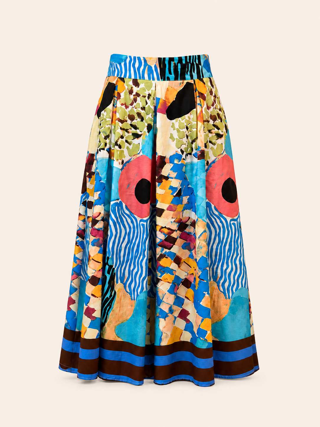 Jupe longue plissée motif abstrait bleu, style italien