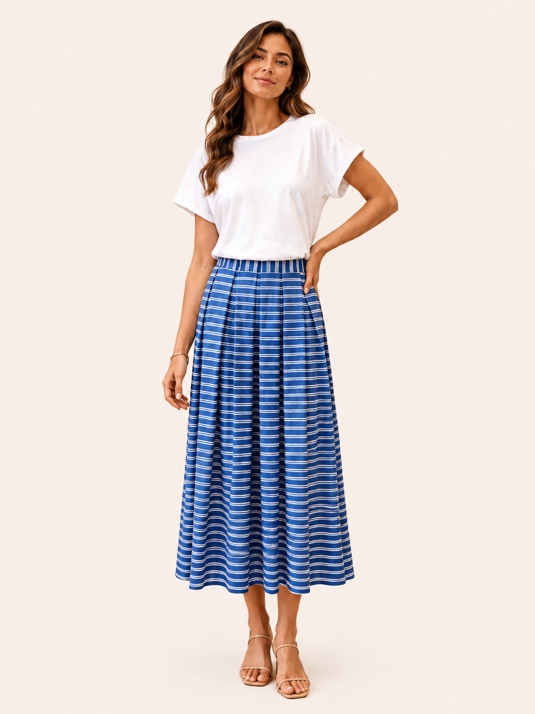 Jupe midi trapèze rayée bleue et blanche pour femme