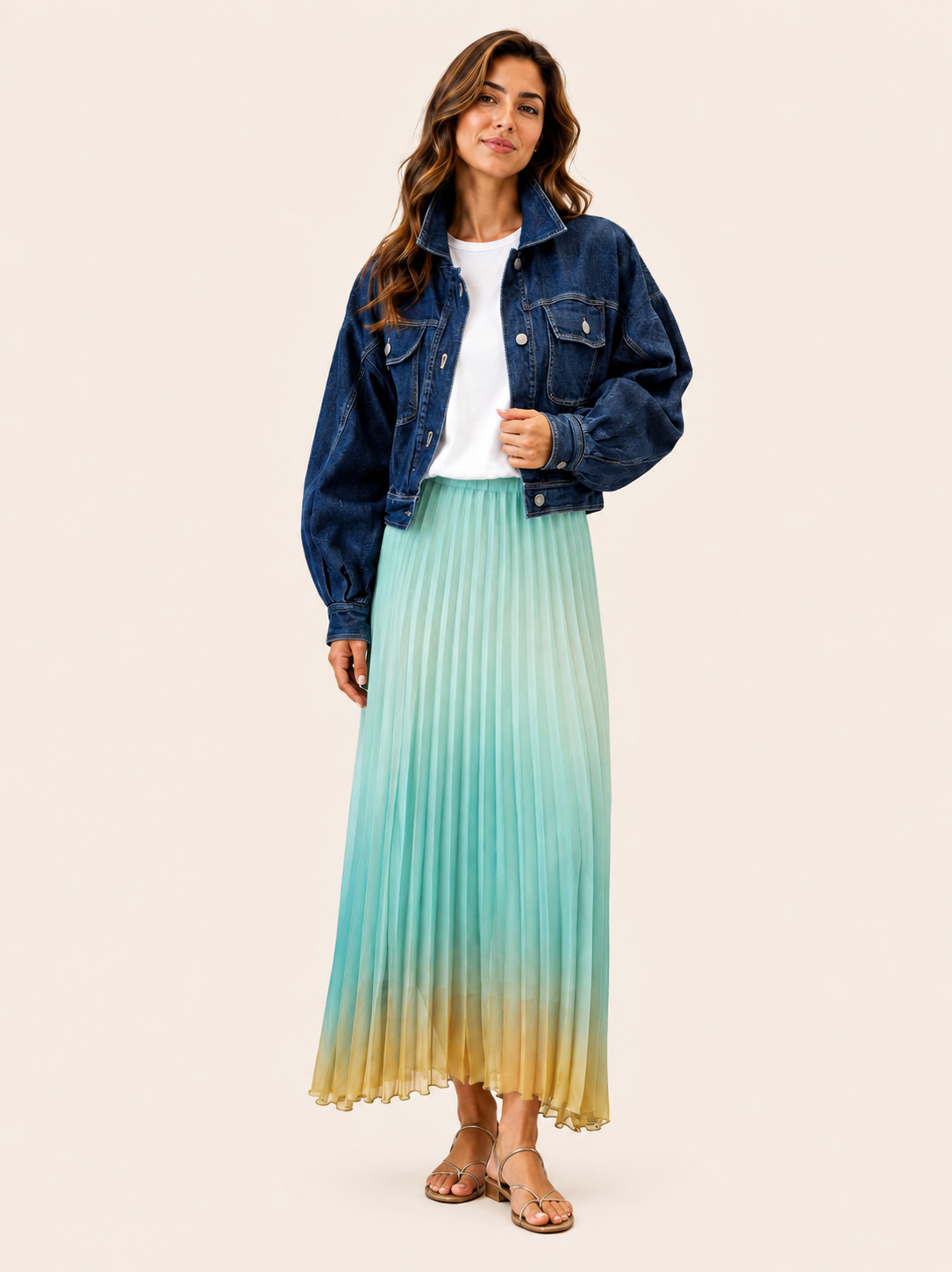 Jupe Longue Plissée Ombrée Vert Menthe pour Femme - Jupe Élégante en Chiffon Dégradé