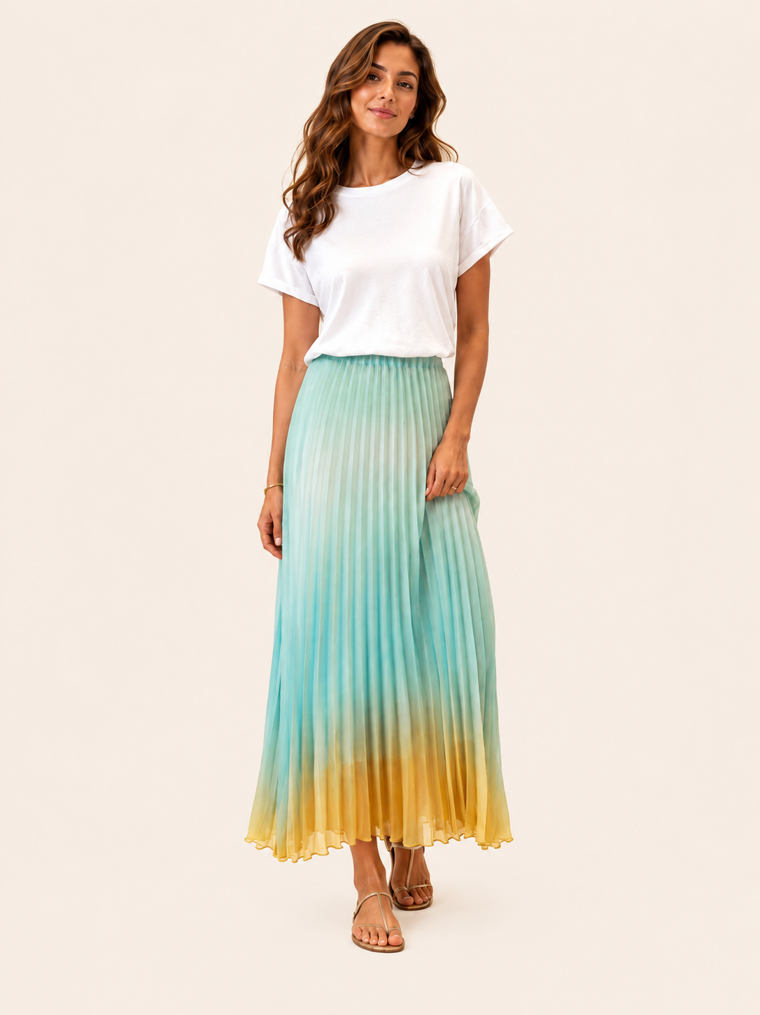 Jupe Longue Plissée Ombrée Vert Menthe pour Femme - Jupe Élégante en Chiffon Dégradé