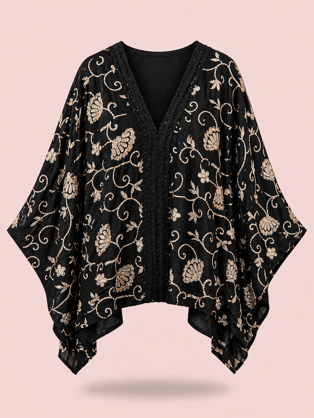 Black Gold Embroidered Relaxed Fit Kimono Top