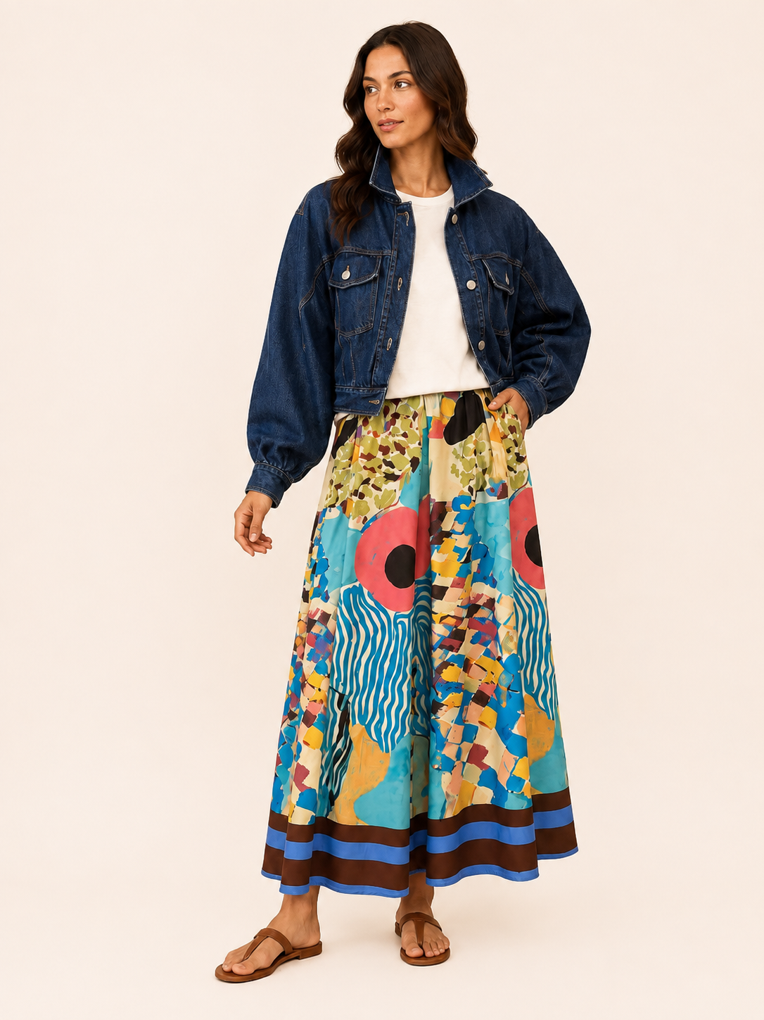 Jupe longue plissée motif abstrait bleu, style italien