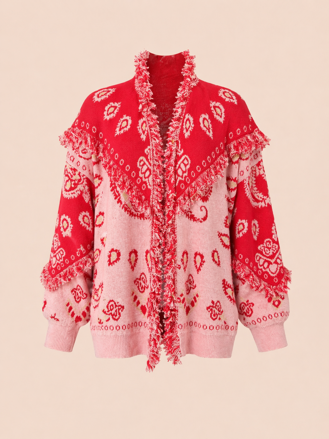 Red & Pink Paisley Fringe Relaxed Fit Cardigan - Statement Knit Jacket