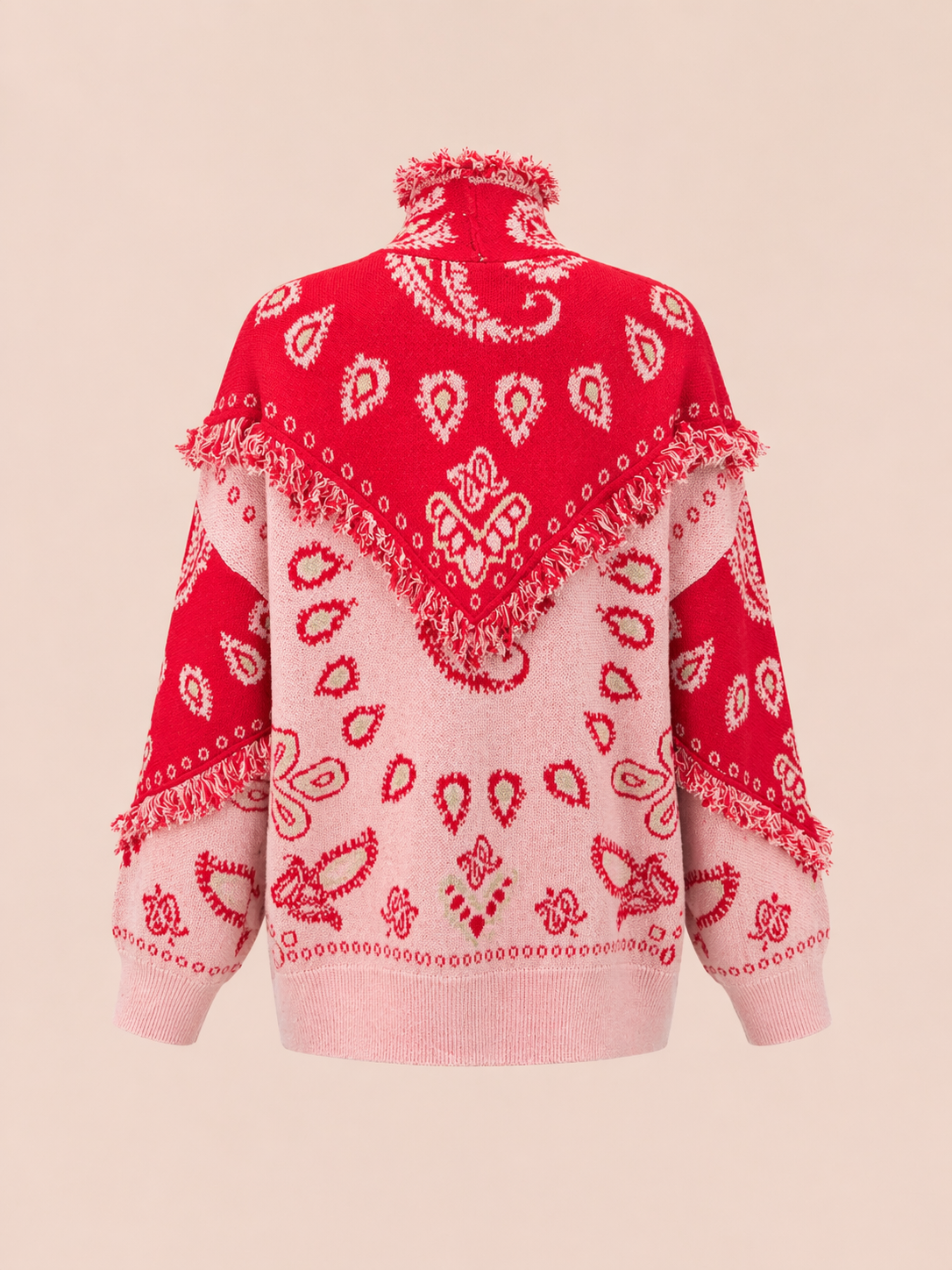 Red & Pink Paisley Fringe Relaxed Fit Cardigan - Statement Knit Jacket