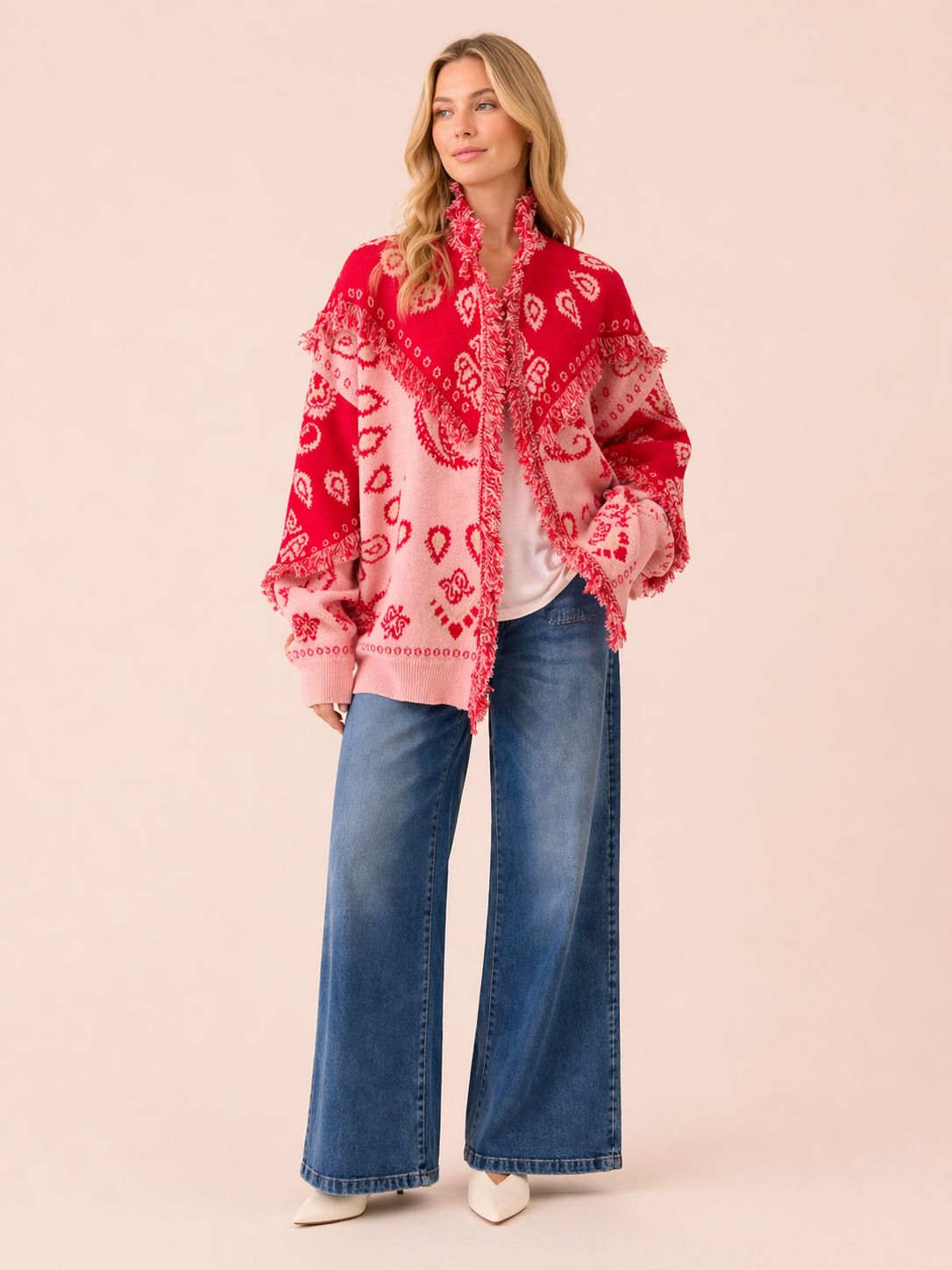 Red & Pink Paisley Fringe Relaxed Fit Cardigan - Statement Knit Jacket