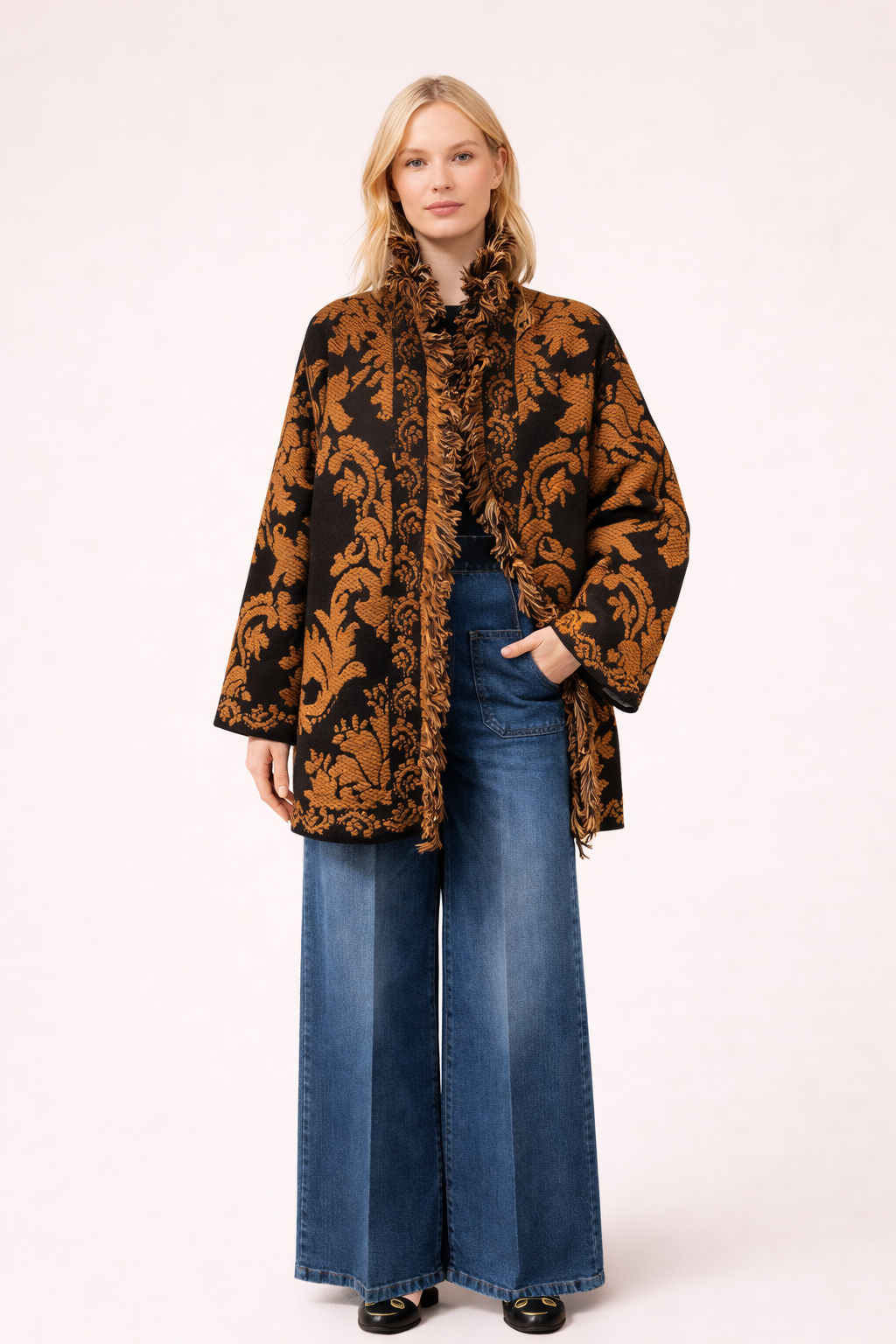 Black Damask  Fringe Relaxed-Fit Cardigan