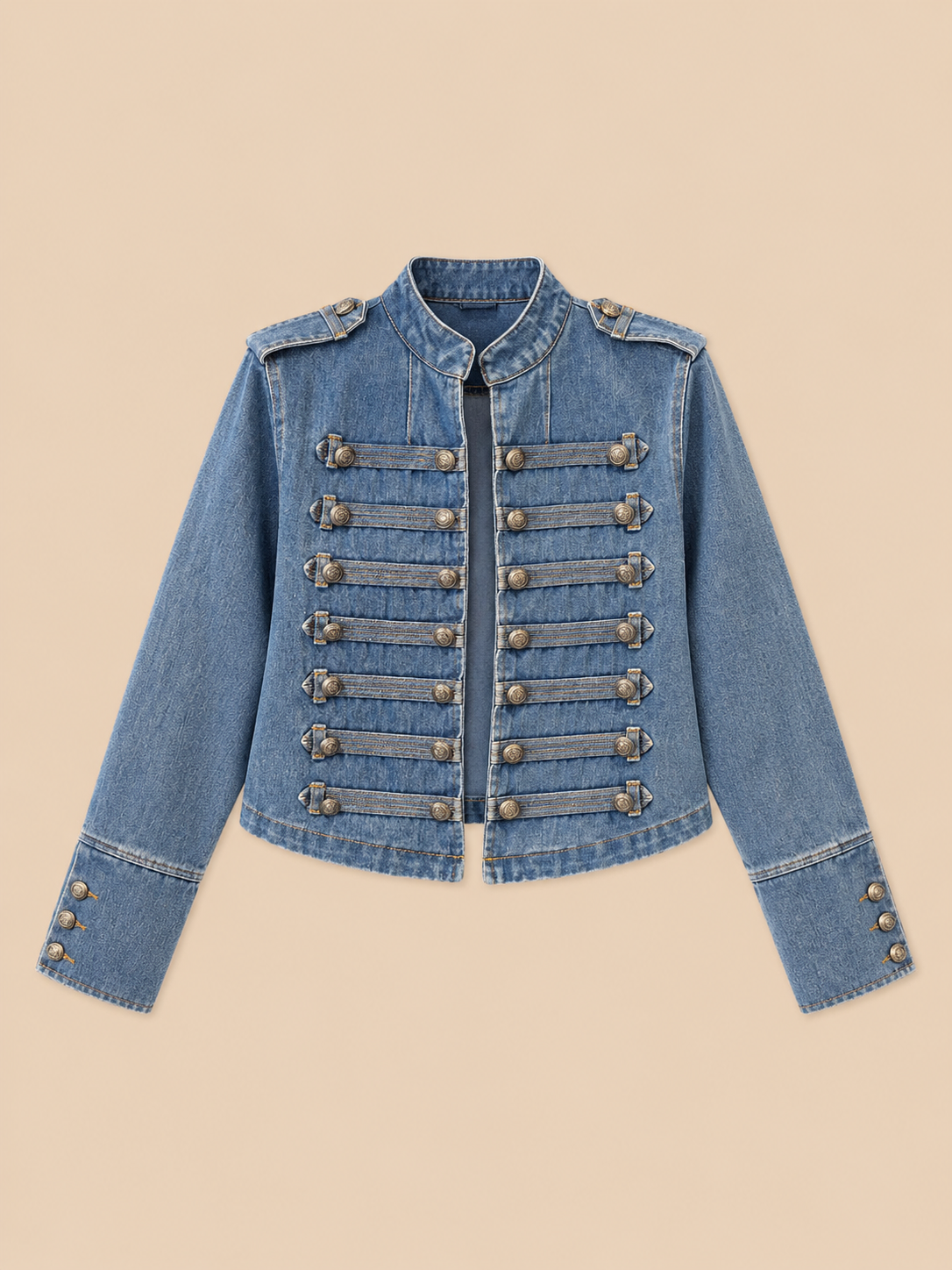 Women's Military Style Denim Jacket - Button Detailed Blue Jacket