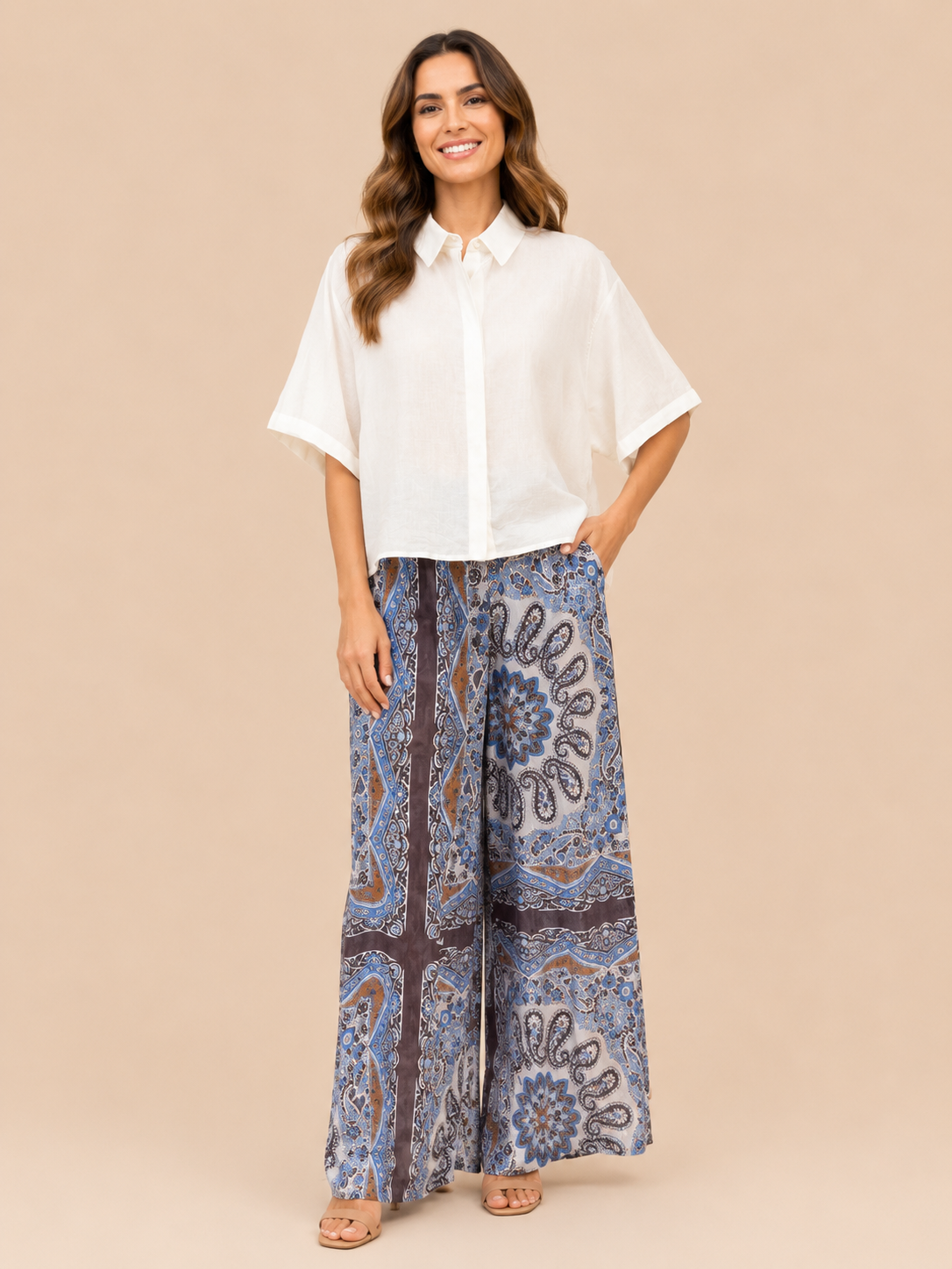 Blue Paisley Wide Leg Palazzo Trousers - Boho Print Flowing Women's Pants