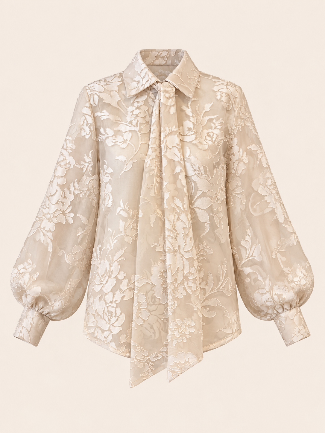 Ivory Sheer Floral Jacquard Bow Blouse