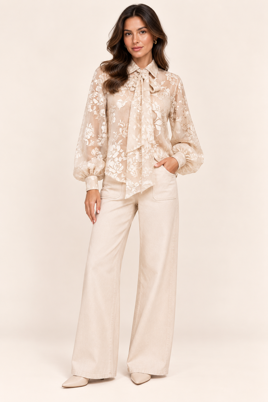 Ivory Sheer Floral Jacquard Bow Blouse