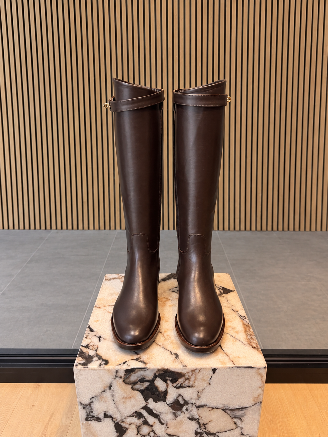 Women's Dark Brown Leather Knee-High Boots With Gold Buckle