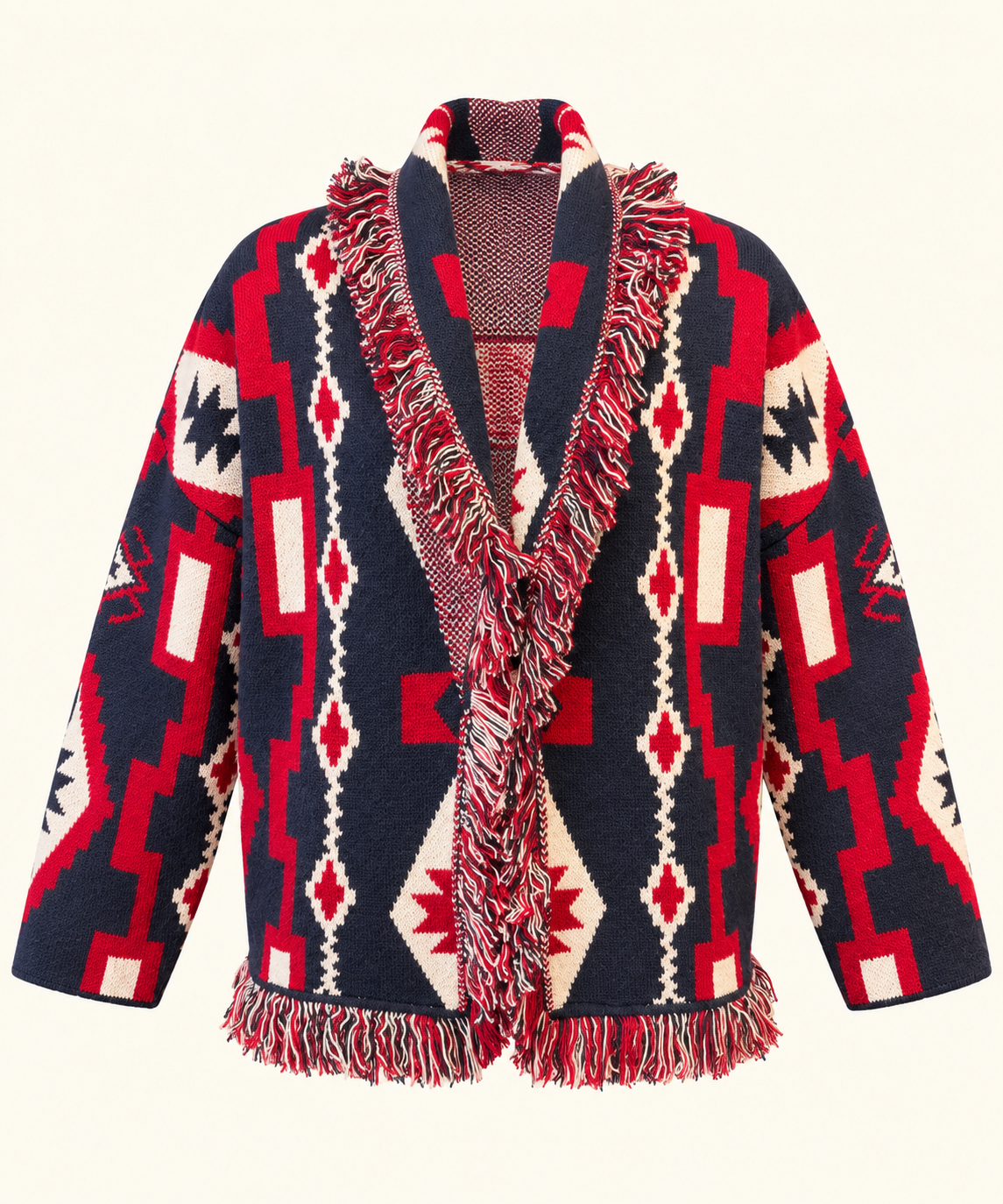 Geometric Jacquard Fringe Cardigan – Navy, Red & Cream