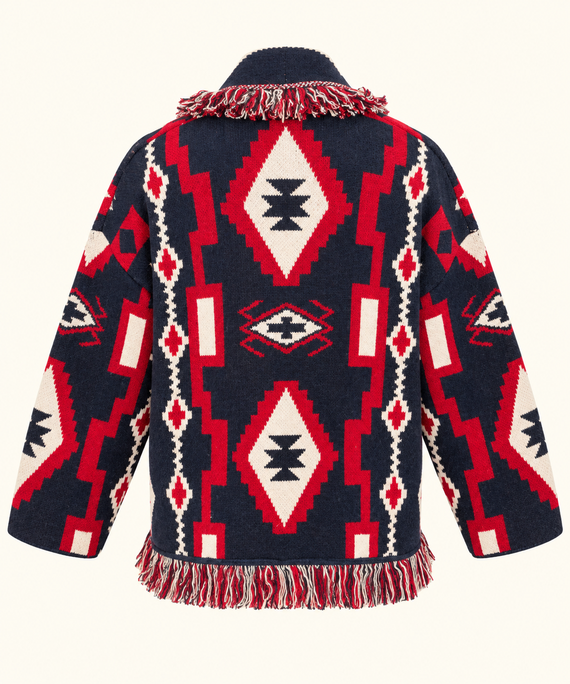 Geometric Jacquard Fringe Cardigan – Navy, Red & Cream