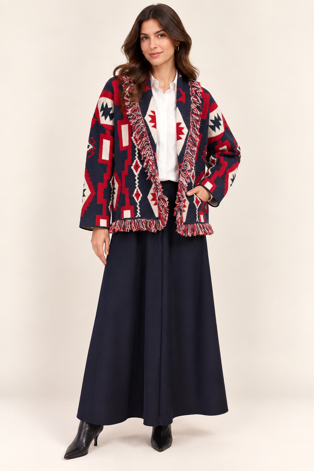 Geometric Jacquard Fringe Cardigan – Navy, Red & Cream