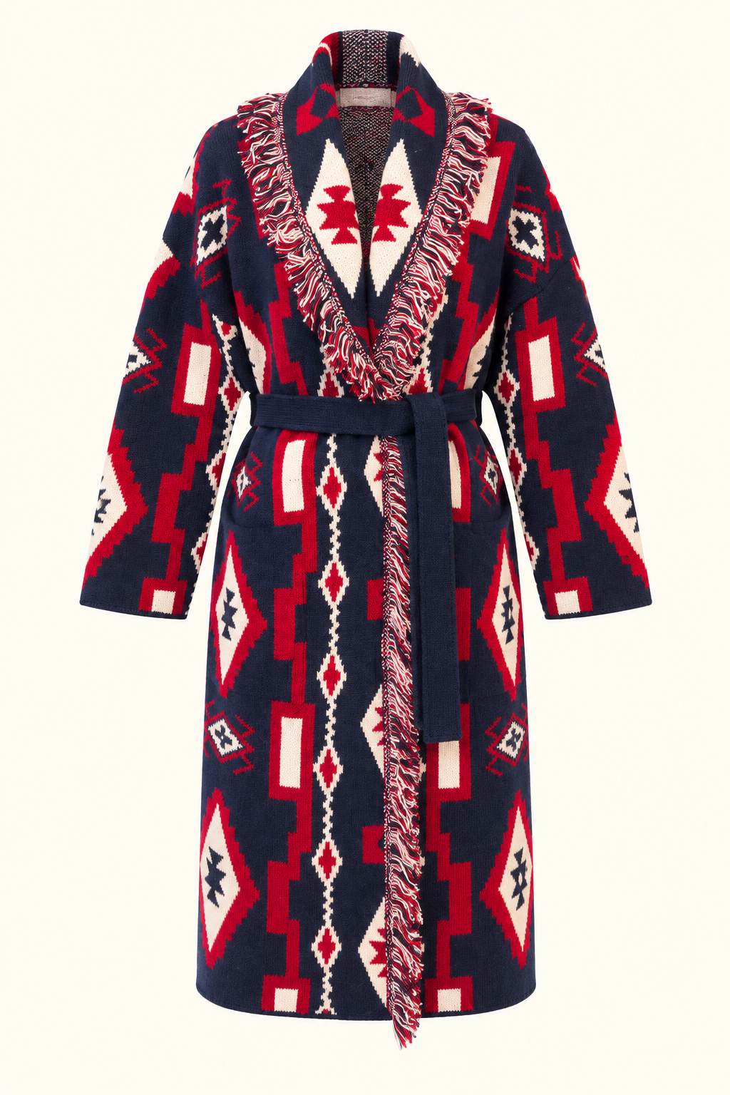 Women’s Long Geometric Knit Cardigan with Belt & Fringe – Navy & Red