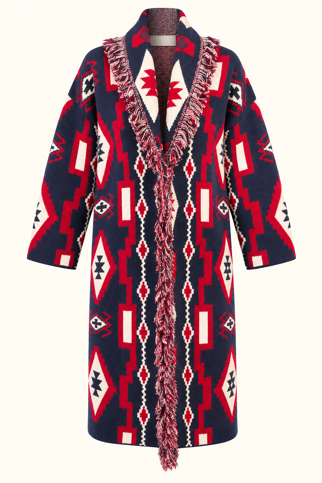 Women’s Long Geometric Knit Cardigan with Belt & Fringe – Navy & Red