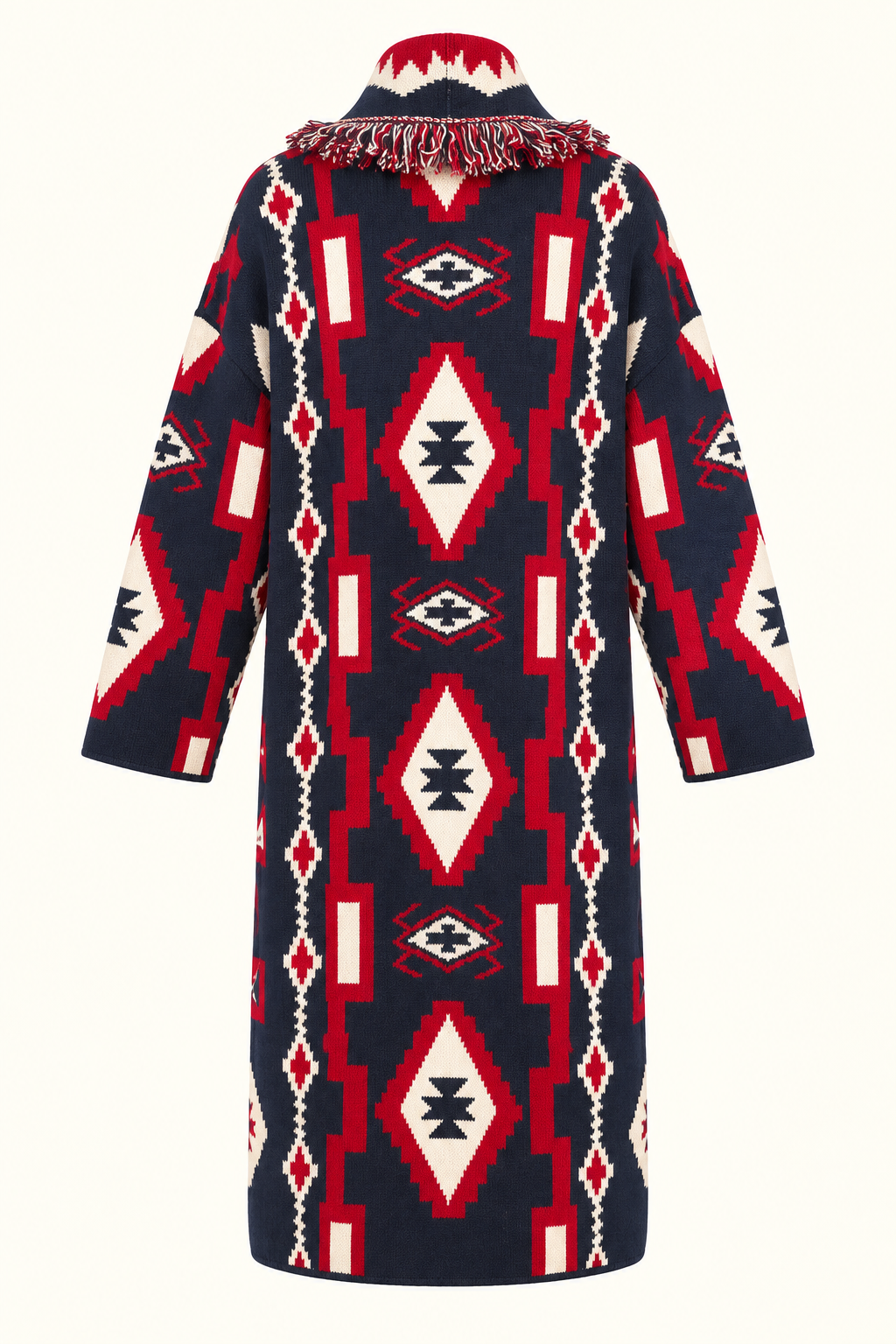 Women’s Long Geometric Knit Cardigan with Belt & Fringe – Navy & Red