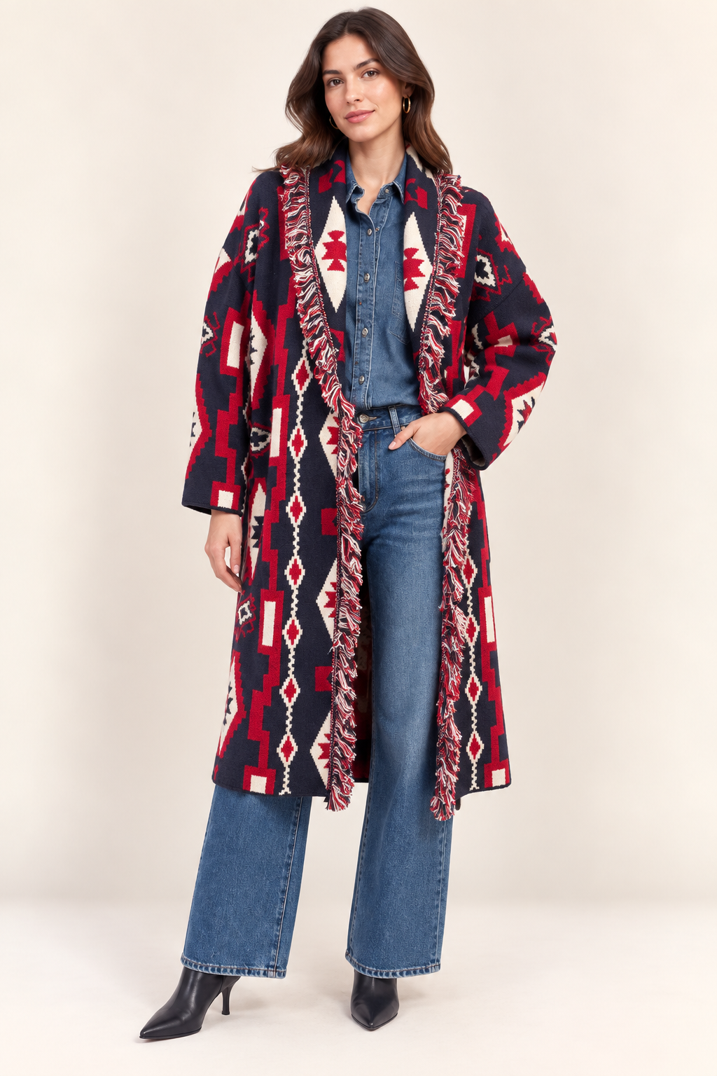 Women’s Long Geometric Knit Cardigan with Belt & Fringe – Navy & Red