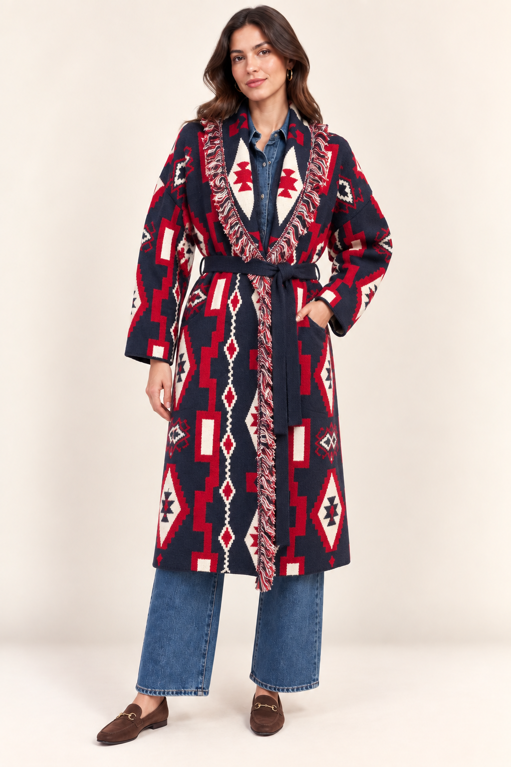 Women’s Long Geometric Knit Cardigan with Belt & Fringe – Navy & Red