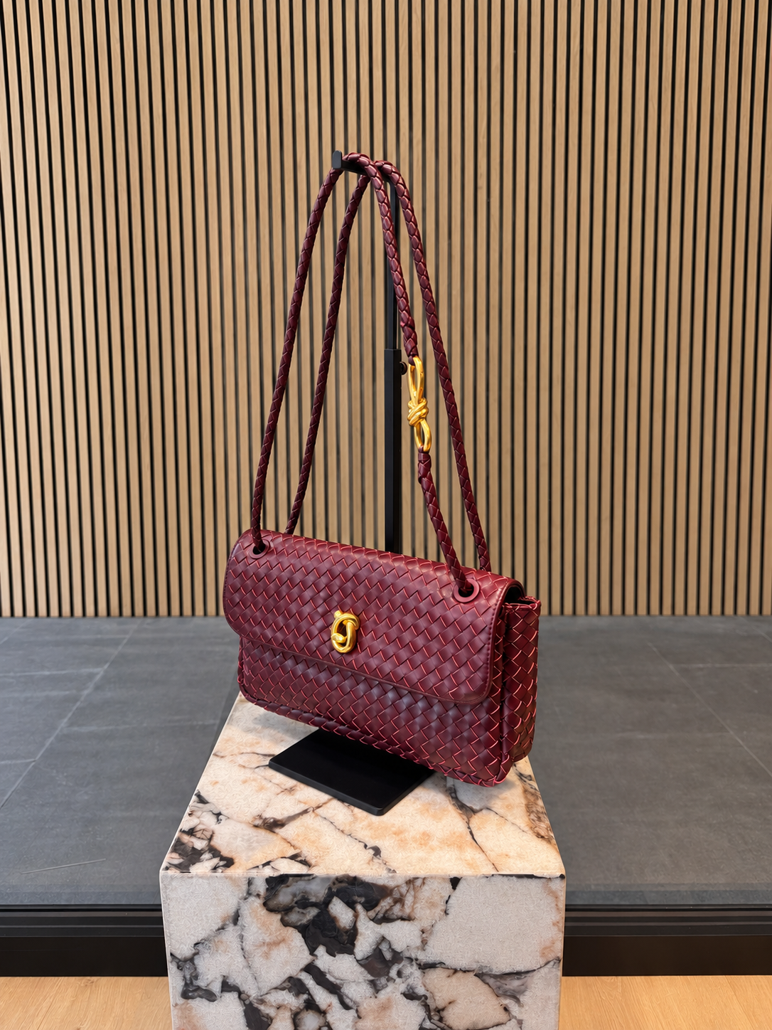 Burgundy Woven Leather Shoulder Bag With Gold Hardware
