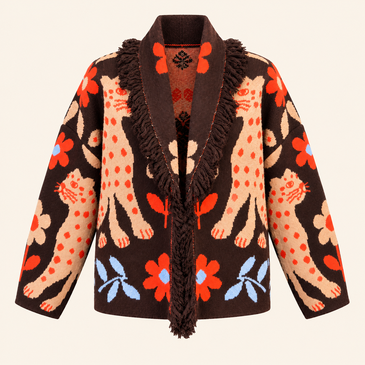 Women's Relaxed Fit Brown Jacquard Knit Cardigan With Leopard And Floral Print