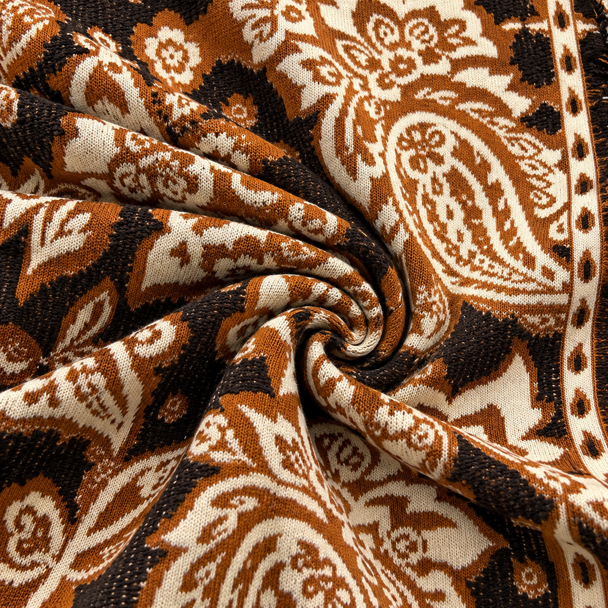 Relaxed Fit Brown Paisley Jacquard Knit Cardigan With Fringe Trim