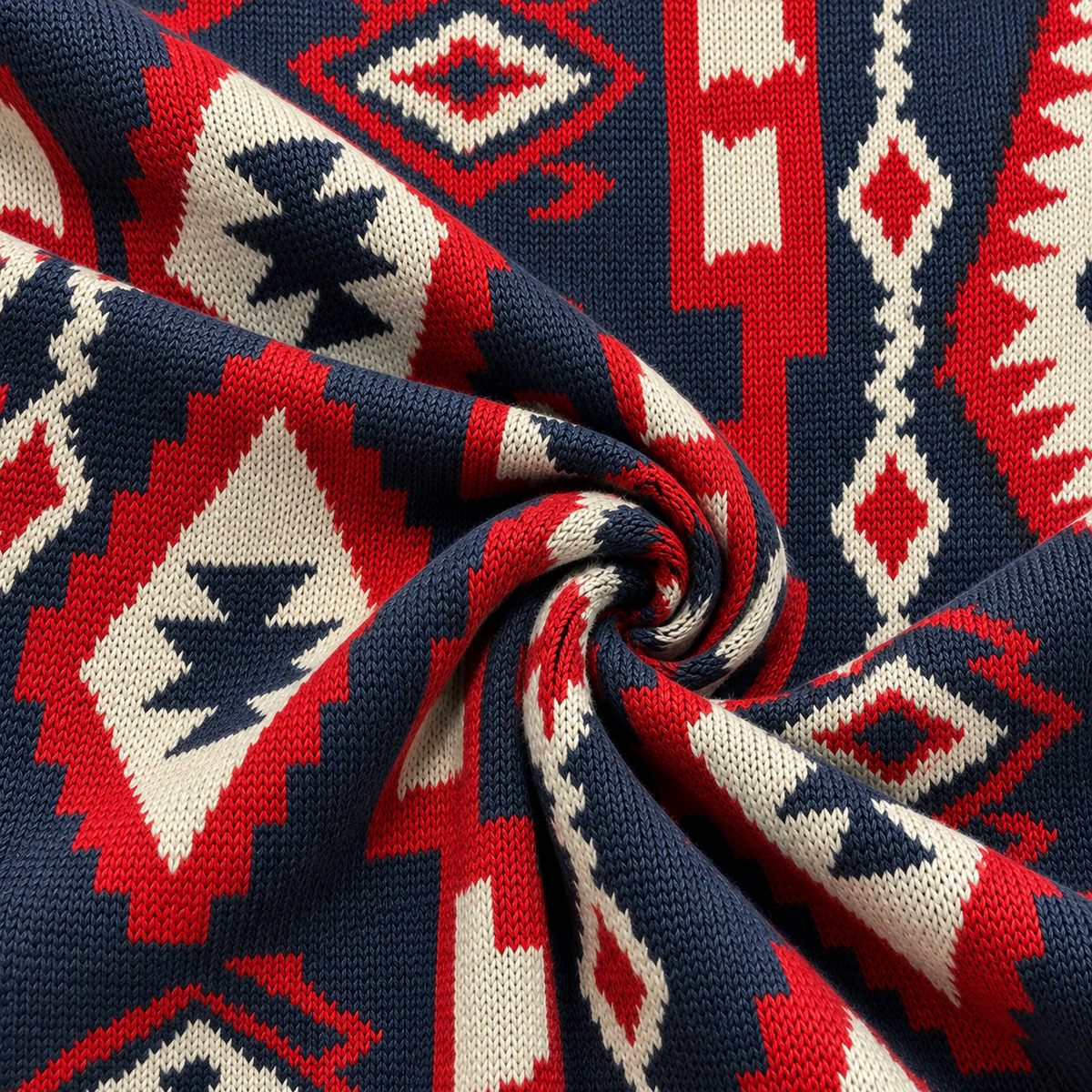 Women’s Long Geometric Knit Cardigan with Belt & Fringe – Navy & Red