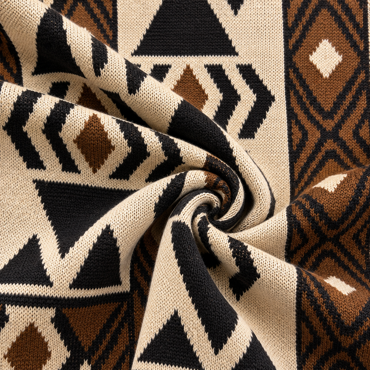Cream & Brown Geometric Fringe Knit Cardigan
