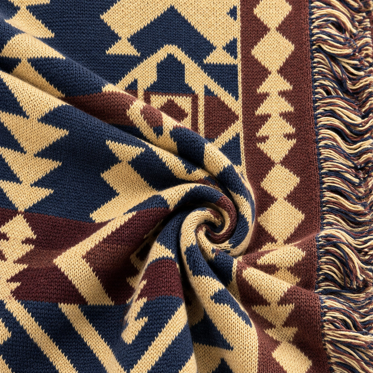Geometric Fringe Knit Cardigan - Navy, Camel & Burgundy
