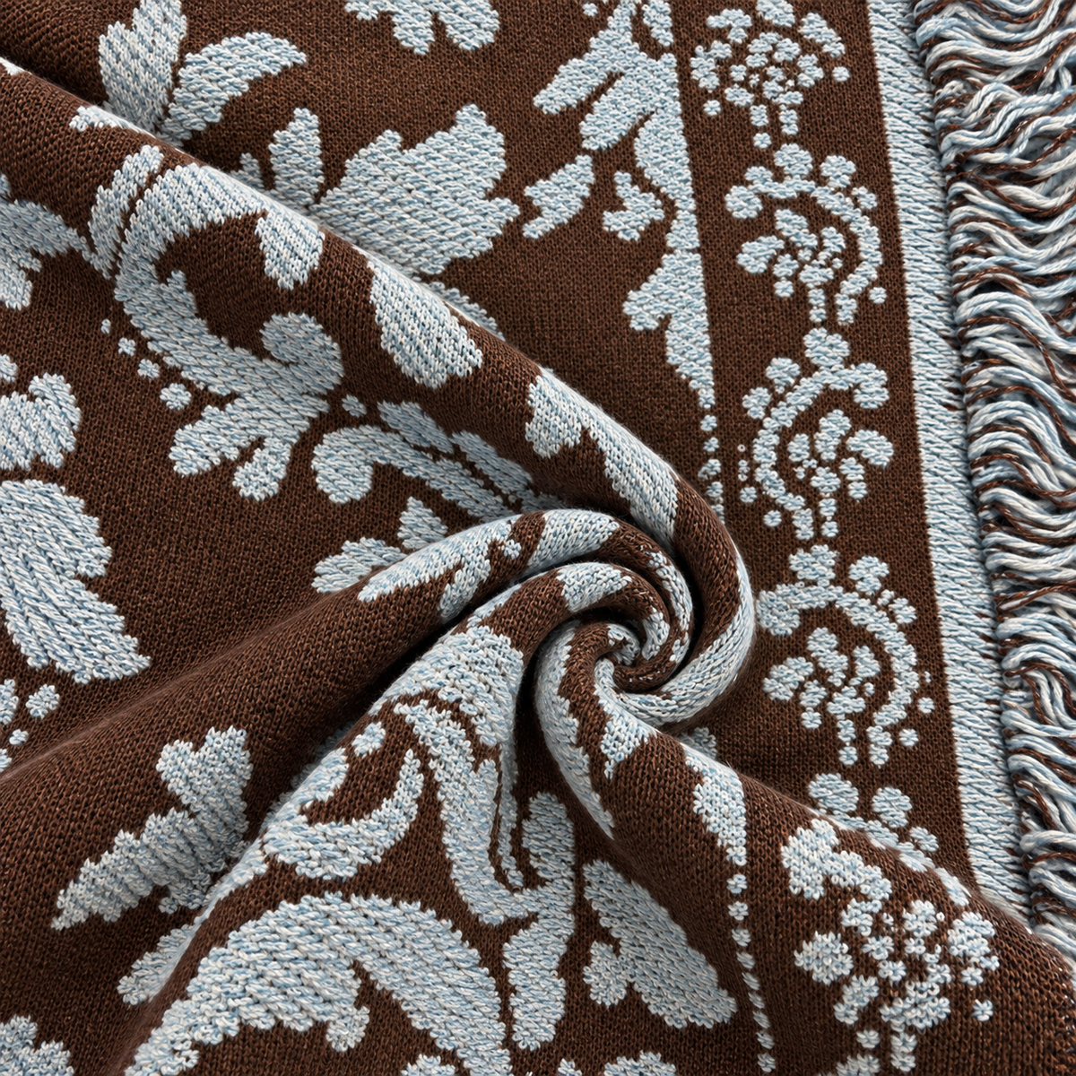 Women's Relaxed Fit Brown & Blue Baroque Jacquard Fringe Jacket