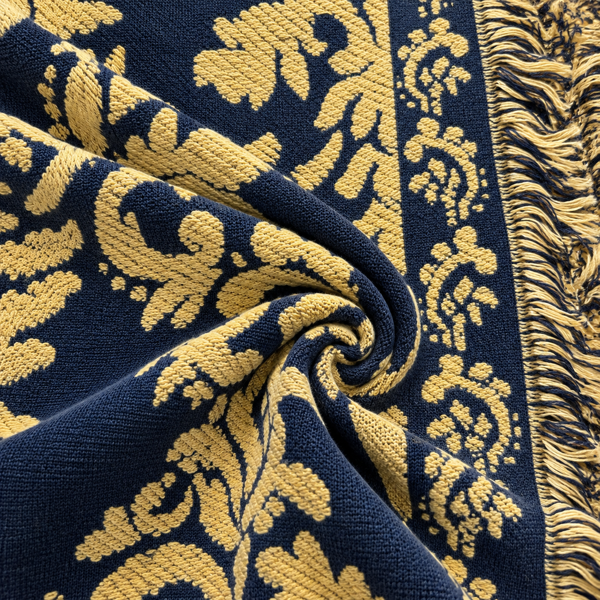 Women's Relaxed Fit Navy & Camel Baroque Jacquard Fringe Jacket