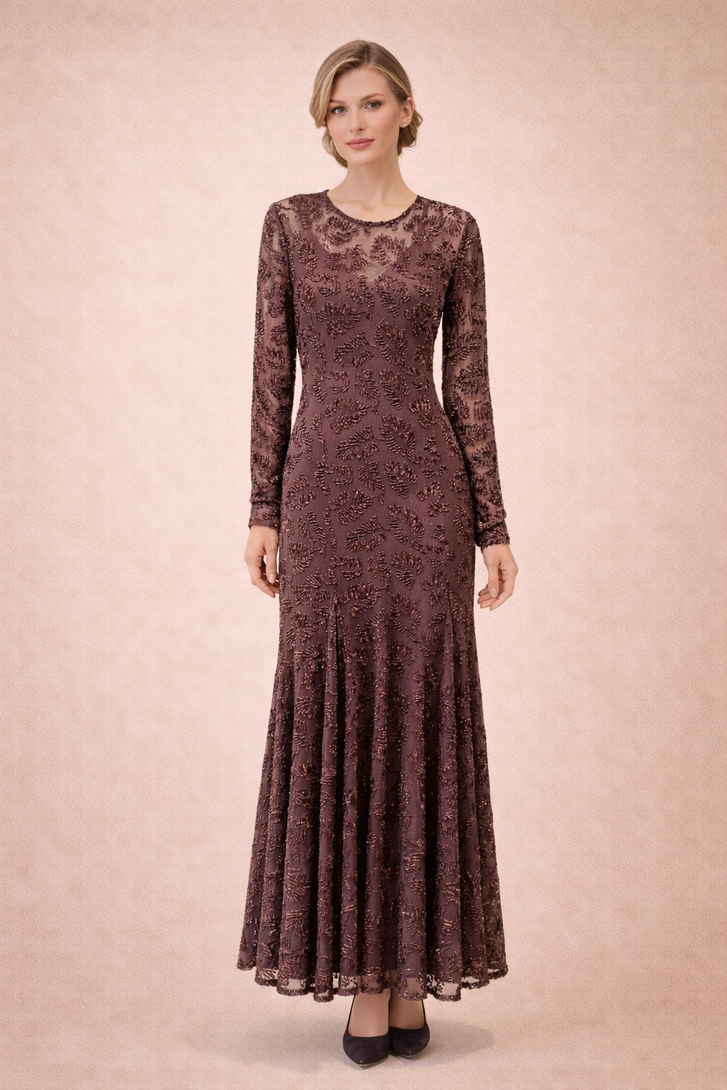 Embellished Sequin Maxi Brown Dress