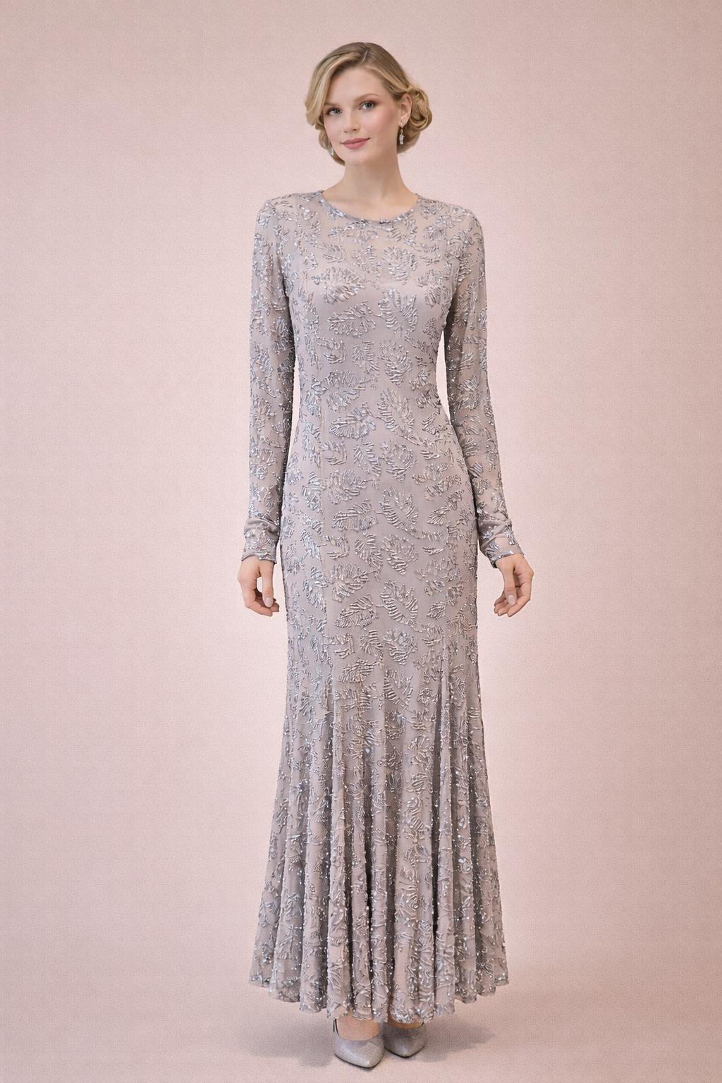 Embellished Sequin Maxi Light Grey Dress