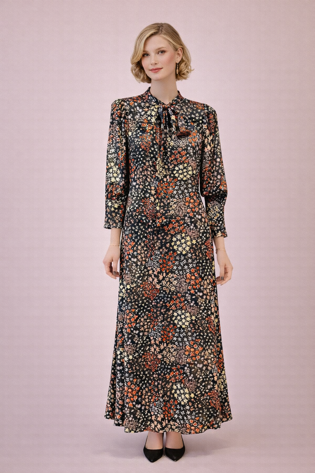 Dark Floral Tie-Neck Maxi Dress