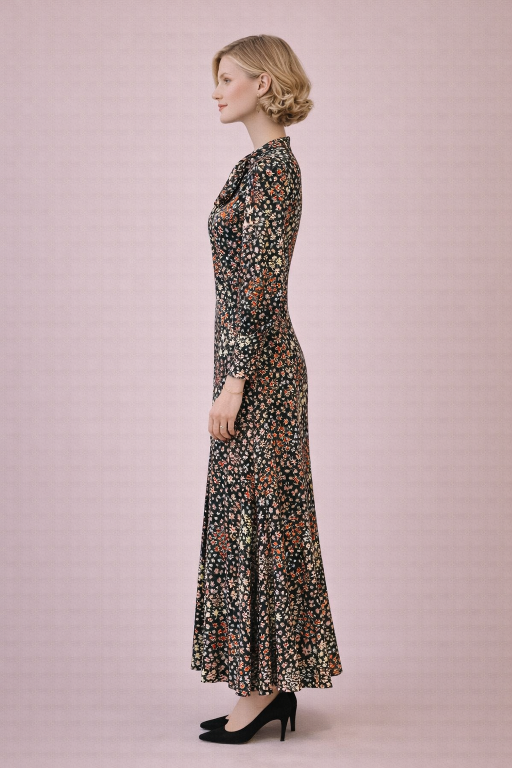 Dark Floral Tie-Neck Maxi Dress