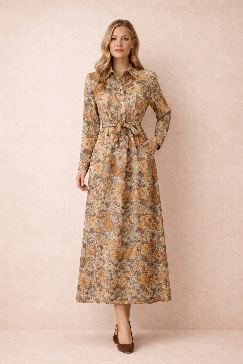 Vintage Floral Tie-Waist Shirt Maxi Dress
