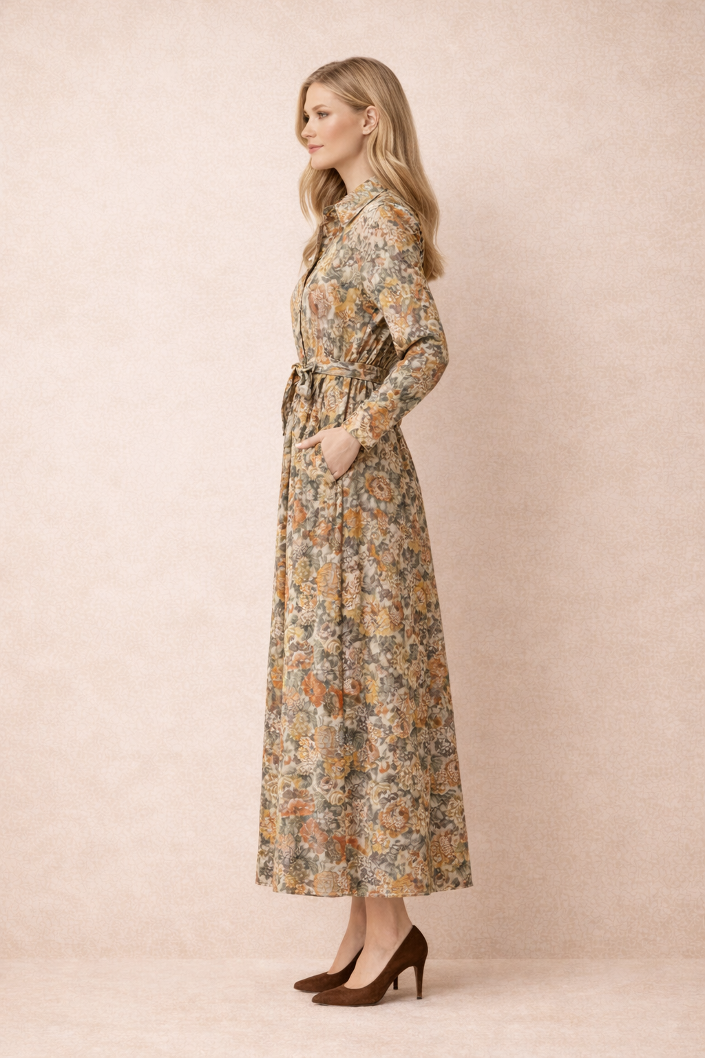 Vintage Floral Tie-Waist Shirt Maxi Dress