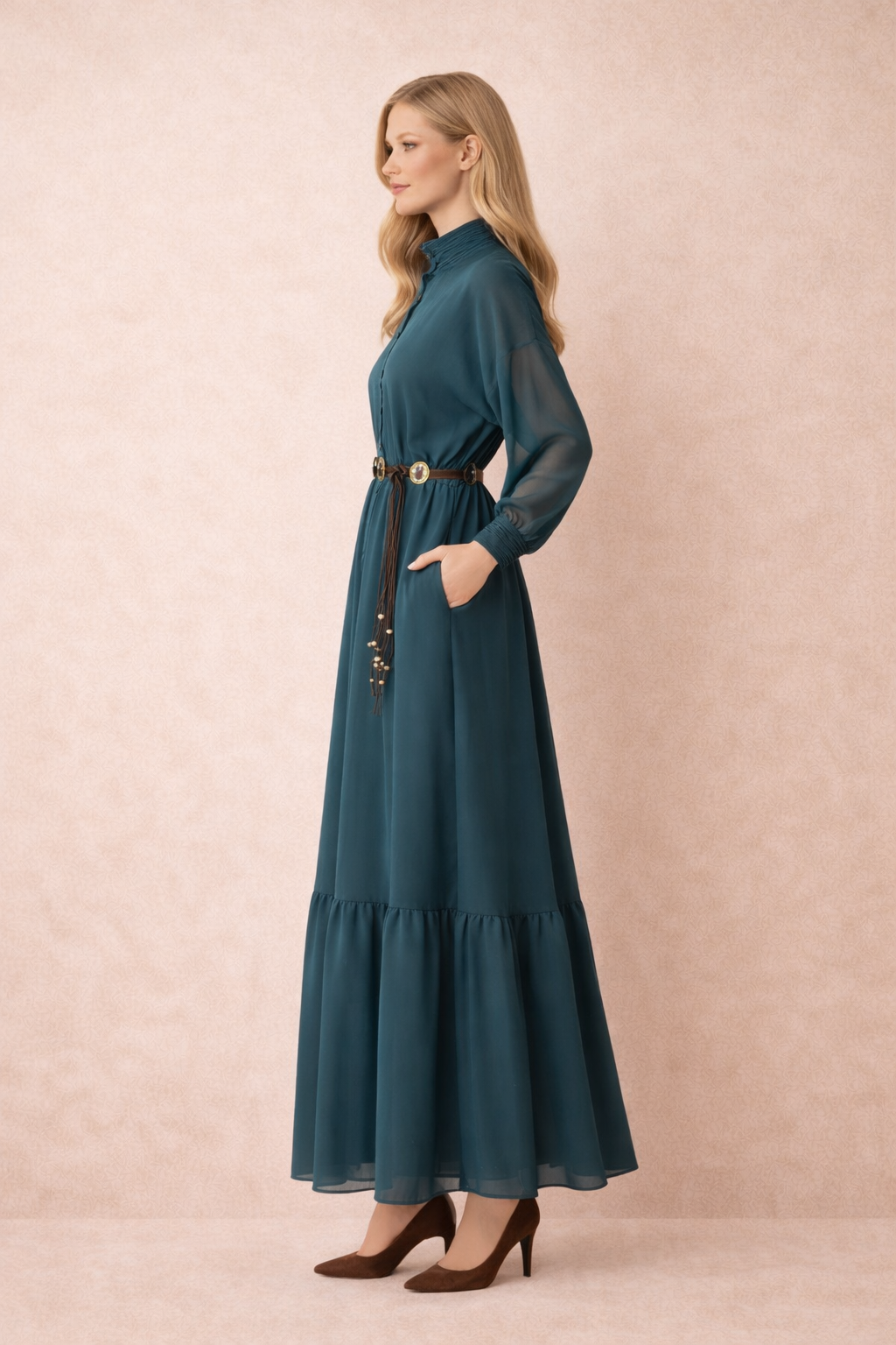 Emerald Green Belted Shirt Maxi Dress