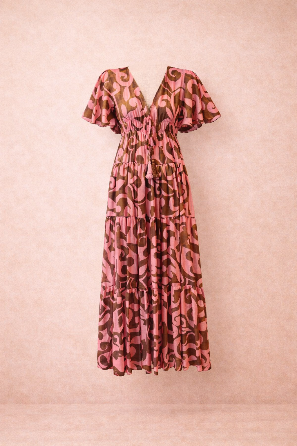 Pink Abstract Print Tiered Maxi Dress