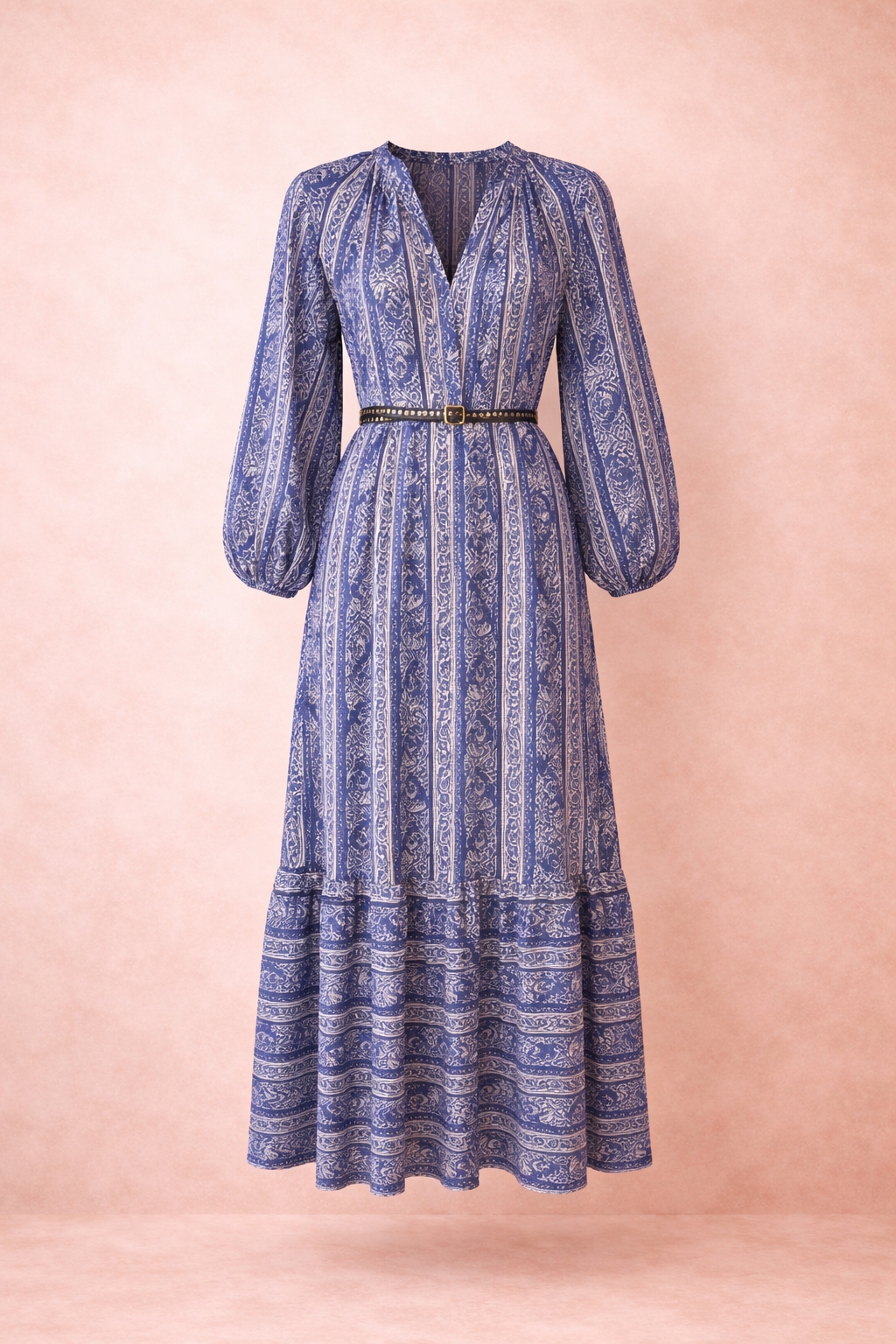 Blue Print Tie-Waist Maxi Dress