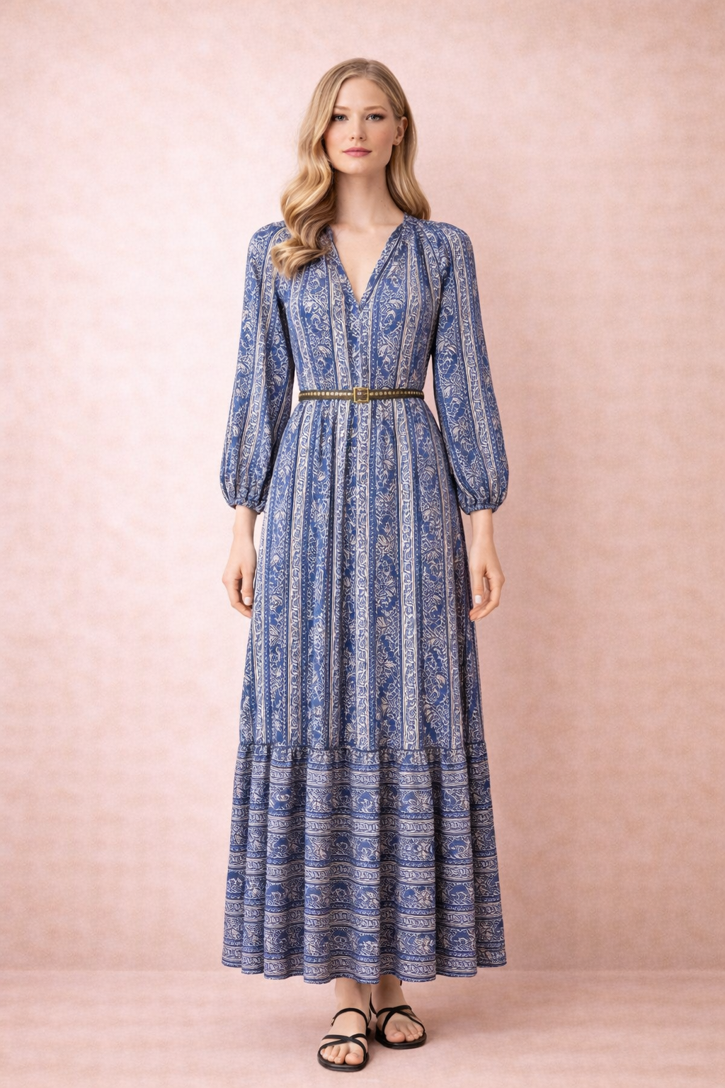Blue Print Tie-Waist Maxi Dress