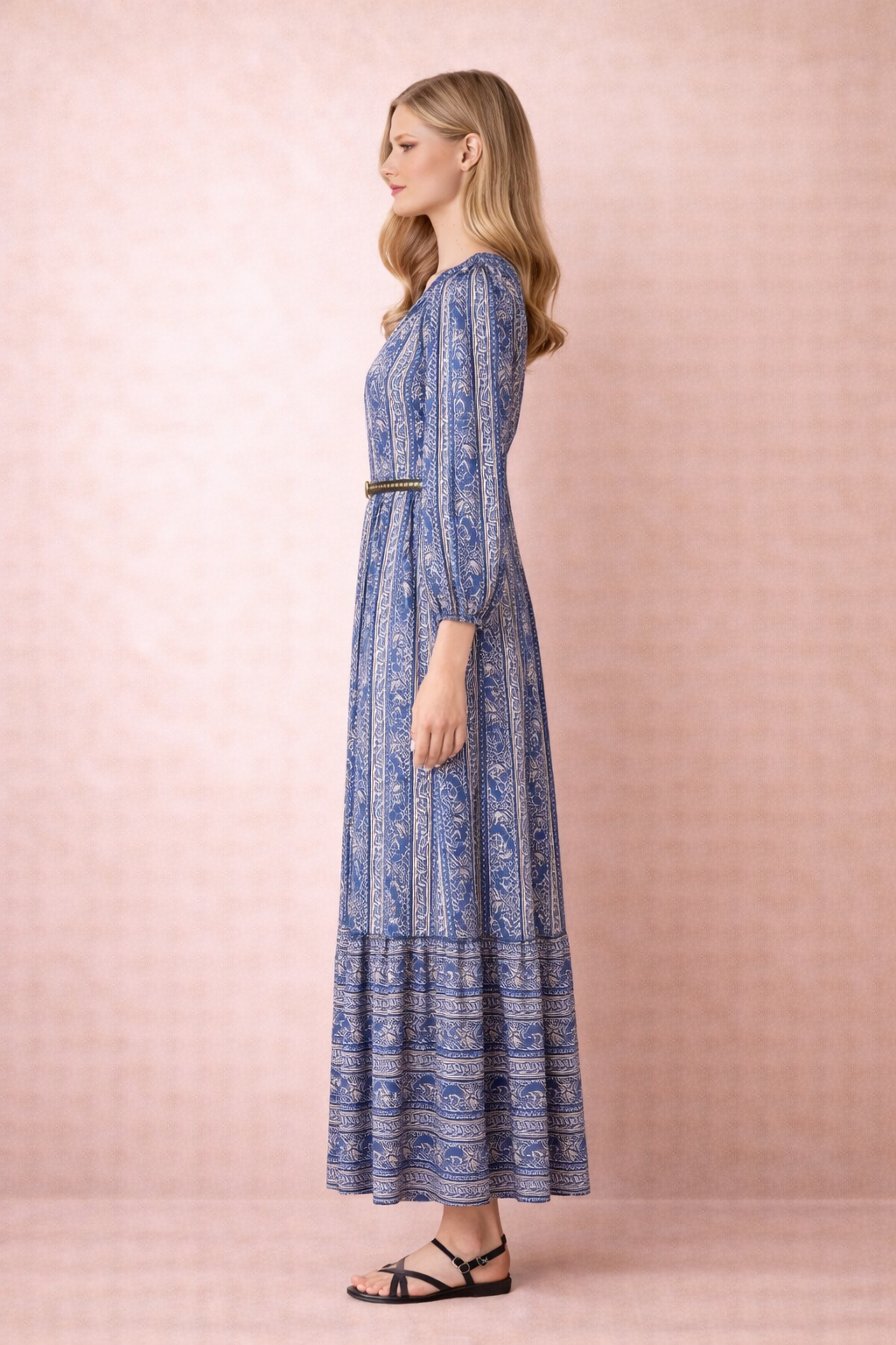 Blue Print Tie-Waist Maxi Dress