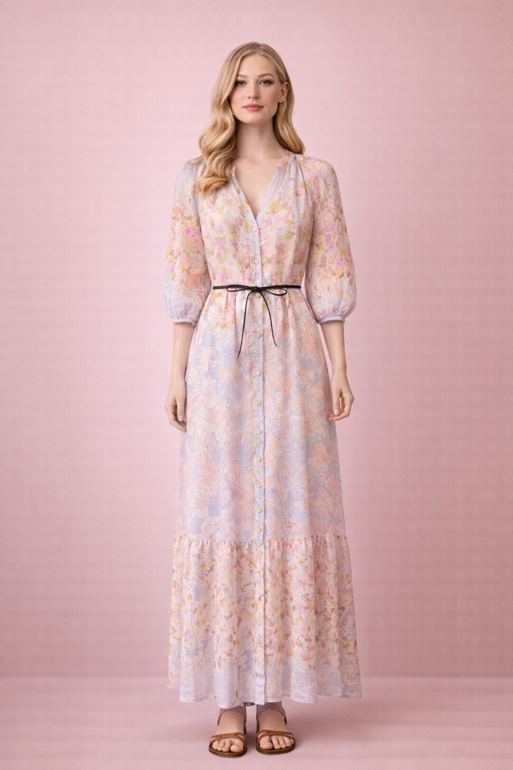Pastel Floral Tie-Waist Maxi Dress